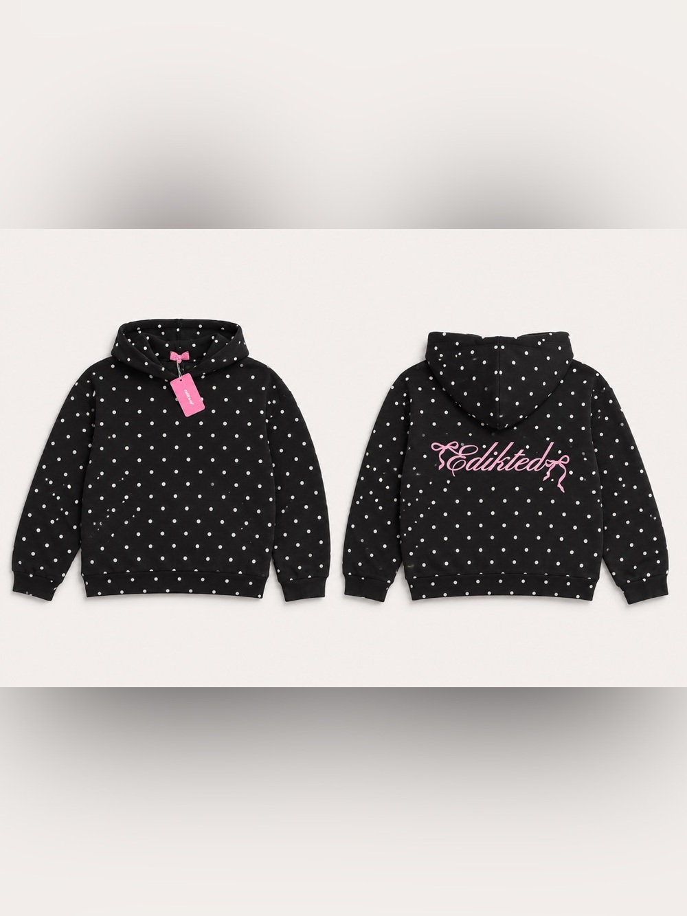 Edikted Black Polka Dot Hoodie with Pink Script Logo